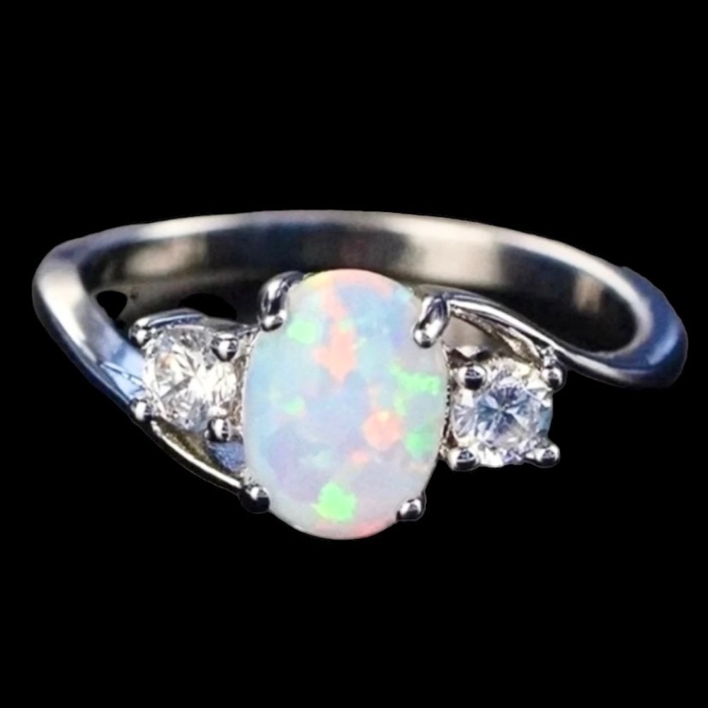 Women’s White Fire Opal Ring With Cubic Zirconias 14K White Gold Band